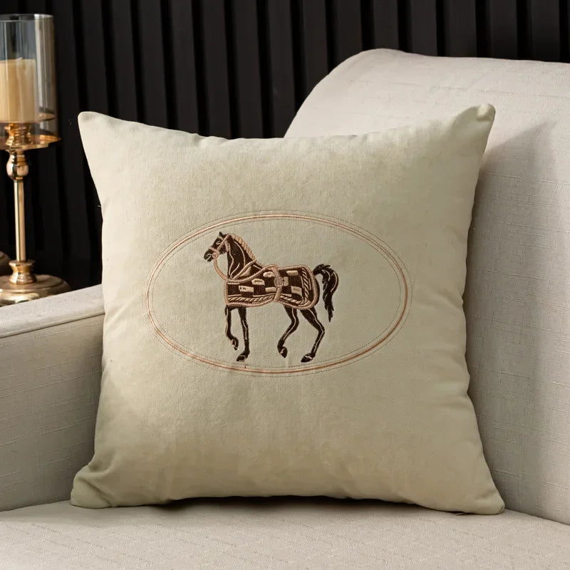 Elegant American Hand-Embroidered Cushion Cover with Horse Design, Perfect for Sofa Home Office Living Room or Car Size 45x45cm